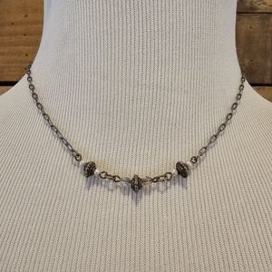 Delicate gunmetal chain necklace w/ silvertone, faux pearl and clear beads